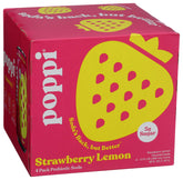 Poppi Strawberry Lemon bottle front, refreshing prebiotic soda option.
