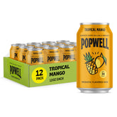 Popwell Tropical Mango bottle being poured, a refreshing prebiotic soda for a midday lift