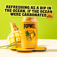 Popwell Tropical Mango can sideview, vibrant color signaling low-sugar, fiber-forward refreshment