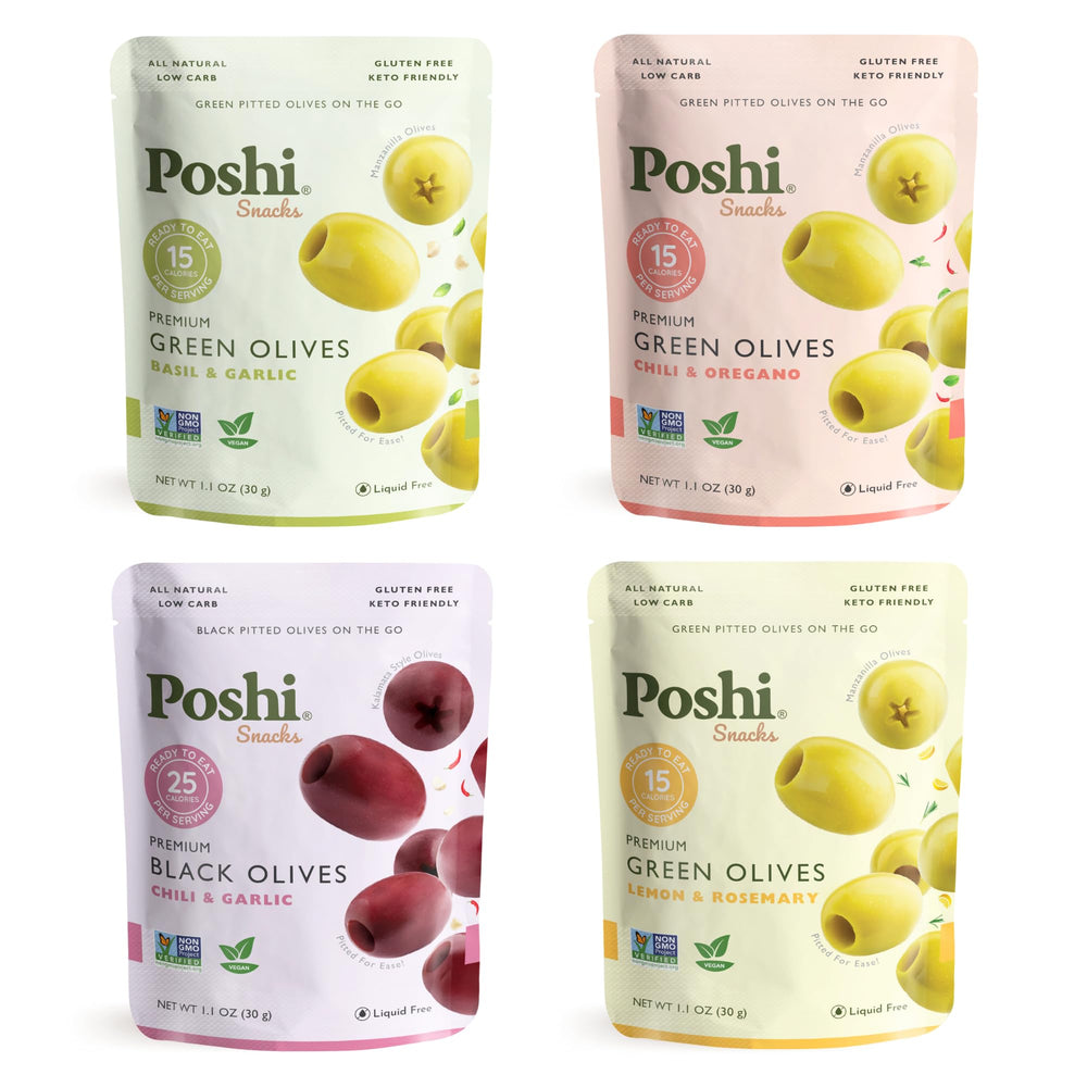 Poshi olives assorted flavors in a convenient pouch for on the go snacking