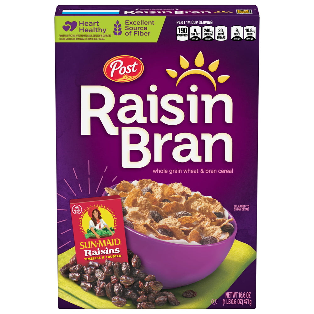 Post Raisin Bran in a bowl with milk for a fiber-rich breakfast.