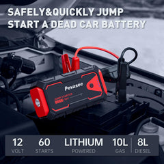 Povasee Jump Starter 5000A side view highlights portable size for space saving