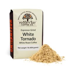 Poverty Bay White Coffee bag showcases premium packaging for freshness.