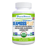 Power By Naturals Sea Moss Plus bottle front shows a vegan, gluten-free wellness option.