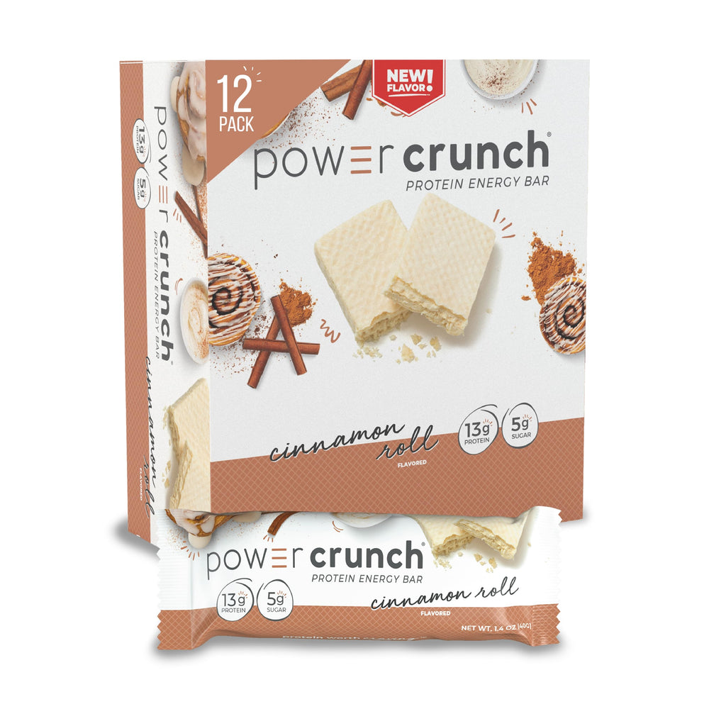 Power Crunch Cinnamon Roll bar front view highlighting crispy wafer texture for a satisfying, high-protein snack