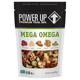 Power Up Mega Omega Trail Mix bag front, premium blend for on-the-go snacking