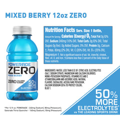Powerade Electrolyte Zero Sugar Mixed Berry bottle close-up during training.