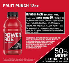 Powerade Fruit Punch bottle side view showing electrolytes for hydration during activity
