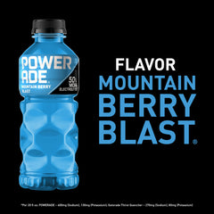 Powerade label closeup emphasizes electrolyte blend and refreshing mountain berry flavor.