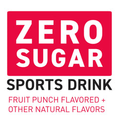 Powerade Zero Fruit Punch glass with ice showcasing zero sugar for light refreshment.