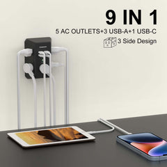 Poweriver 5-ac-outlets-4-usb-ports with widely spaced design for easier access.