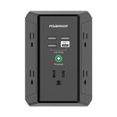Poweriver multi-outlet extender front-angled view showing 5 outlets and 4 USB ports for easy charging.