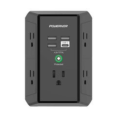 Poweriver multi-outlet extender front-angled view showing 5 outlets and 4 USB ports for easy charging.