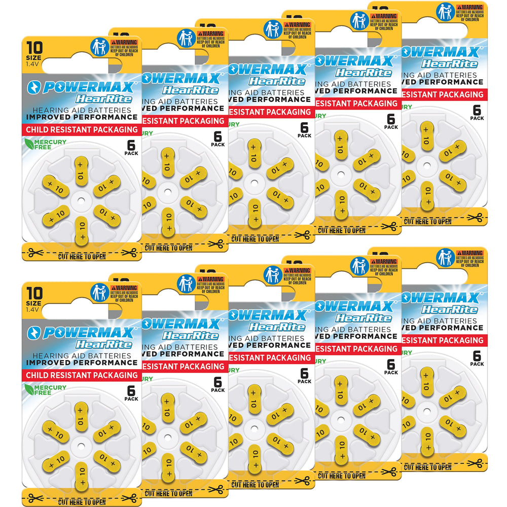 Powermax Size 10 yellow-tab batteries pack powering hearing aids all day