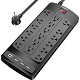 POWSAV 18-outlet surge protector front view for a busy desk setup