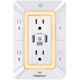 POWRUI multi-plug 6-outlet with USB ports and night light for home charging.