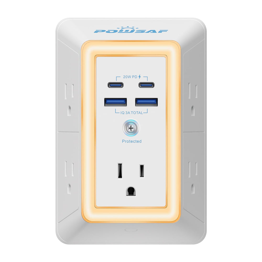 POWSAF multi-plug outlet top view with five outlets and USB ports for uncluttered charging