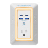 POWSAF multi-plug outlet top view with five outlets and USB ports for uncluttered charging