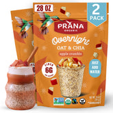 Prana Organic Overnight Chia with Oats Apple Crumble packaging highlights vegan, non-GMO breakfast options.