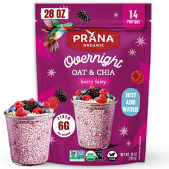Prana Berry Fairy overnight chia oats bowl, ready to eat breakfast with high fiber.