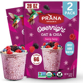 Prana Berry Fairy overnight chia oats packaging shows convenient, ready-to-make breakfast.