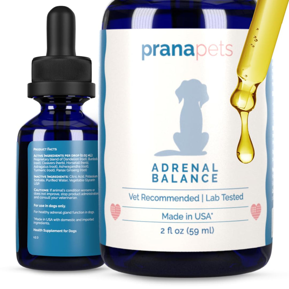 PranaPets Adrenal Balance drops bottle for dogs supports hormonal balance.