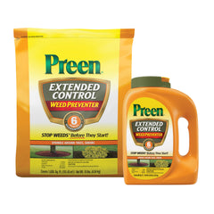 Preen Extended Control Weed Preventer bottle with flip-top for easy garden-bed application.