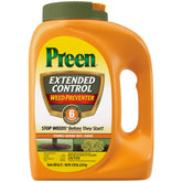 Preen Extended Control Weed Preventer bottle shown for long-lasting garden protection.