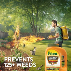 Preen Extended Control weed preventer granules ready for garden application.