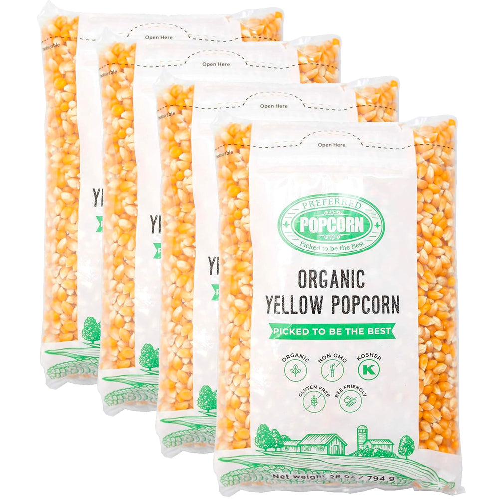 Preferred Popcorn Organic pack front view with four 28 oz bags for convenient snacking.