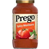 Prego Spicy Marinara jar front showing bold flavor for weeknight pasta dinners.