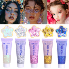 Prehot Face Glitter Gel bottle with shimmering particles for festival color and easy application.