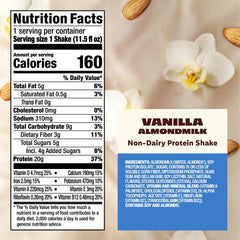 Premier Protein Almondmilk Vanilla label close-up – clean ingredients and protein info.