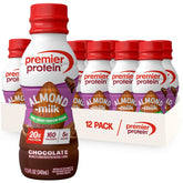 Premier Protein Almondmilk Shake Chocolate bottle highlighting rich flavor and 20g protein.