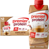 Premier Protein Cafe Latte bottle pouring, highlighting creamy flavor and caffeine lift