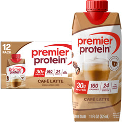 Premier Protein Cafe Latte bottle pouring, highlighting creamy flavor and caffeine lift