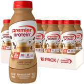 Premier Protein Cafe Latte bottle highlighting 30g protein and low sugar for on-the-go fueling.