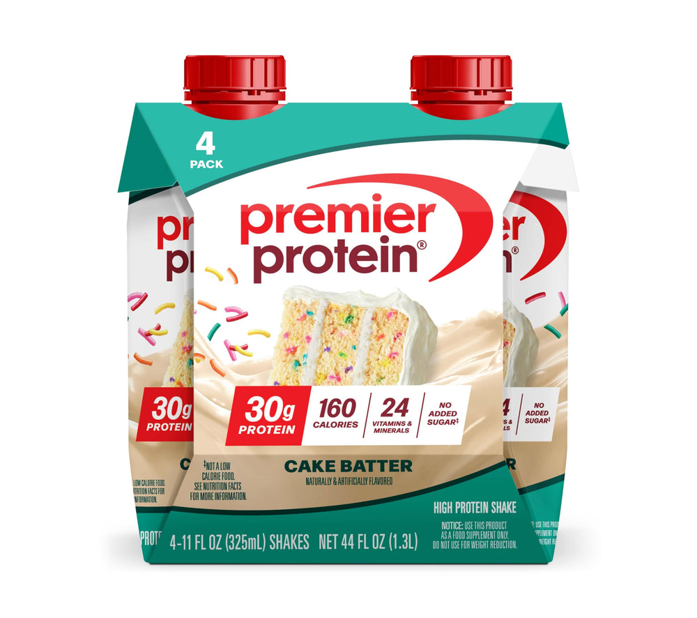 Premier Protein Cake Batter Shake in a glass, convenient high-protein snack.