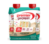 Premier Protein Cake Batter Shake in a glass, convenient high-protein snack.