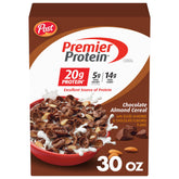 Premier Protein Chocolate Almond Cereal box front for protein-rich breakfast.