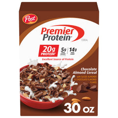 Premier Protein Chocolate Almond Cereal box front for protein-rich breakfast.