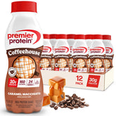 Premier Protein COFFEEHOUSE Caramel Macchiato bottle shows creamy texture and energizing flavor for on-the-go mornings.