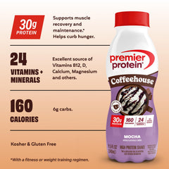 Premier Protein Coffeehouse Mocha label close up emphasizes 24 vitamins and minerals