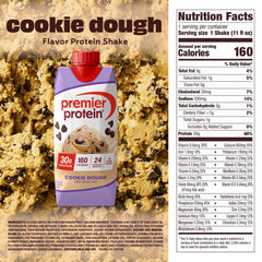 Premier Protein Cookie Dough Shake being poured into a glass for a creamy on-the-go snack