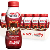 Premier Protein Indulgence chocolate-strawberry bottle shows creamy texture with 30g protein.