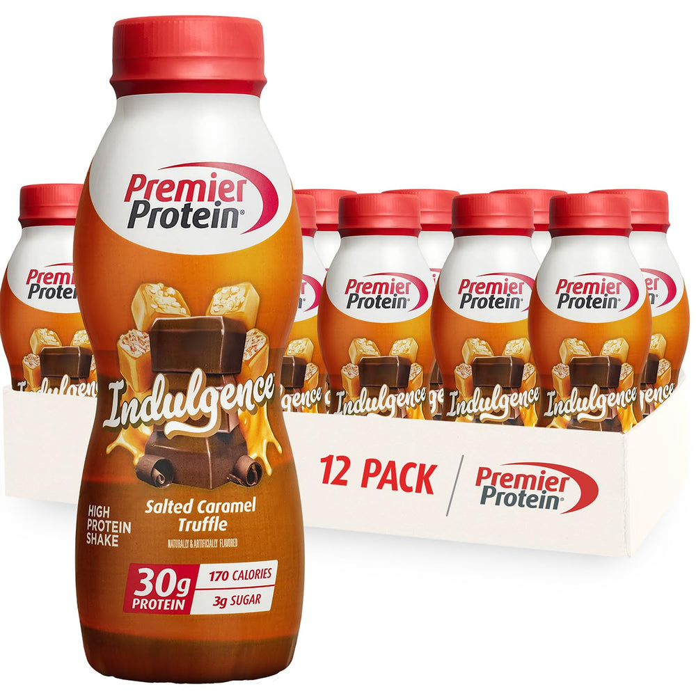 Premier Protein Indulgence Salted Caramel Truffle bottle view for a high-protein snack