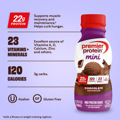 Premier Protein Minis caramel bottle suggesting a tasty treat after workouts.