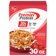 Premier Protein Mixed Berry Almond Cereal bowl with berries and almonds for a protein-packed breakfast