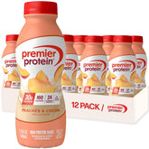 Premier Protein Peaches & Cream bottle highlighting high-protein on-the-go nutrition.
