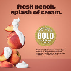 Premier Protein Peaches & Cream bottle shown with cereals to suggest proffee or mix-in use.